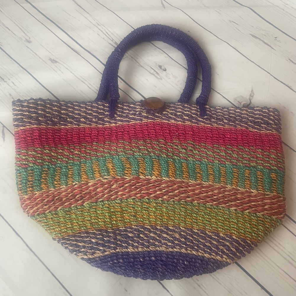 Vintage Sisal Market Jute Tote Shoulder Bag Ethnic Boho African Striped